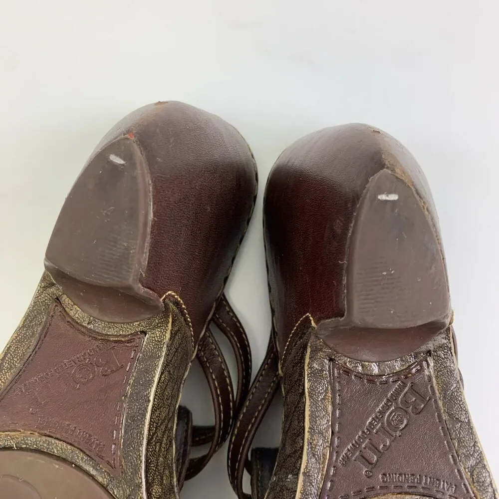 Born Brown Leather Floral Cut Out Slide Wedge Sandal Studded Heel Womens 7
